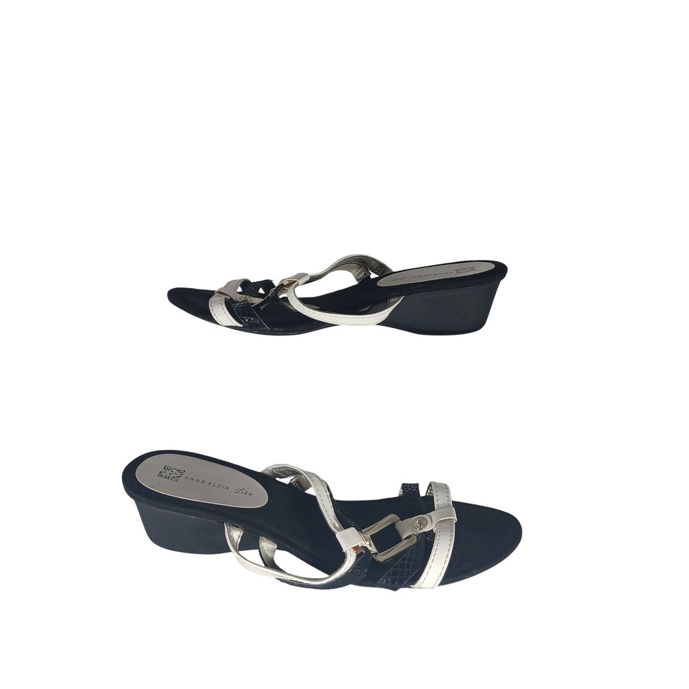 Anne Klein iFlex Wedge Sandals 10M Black White Snakeskin Gold Hardware Slides
